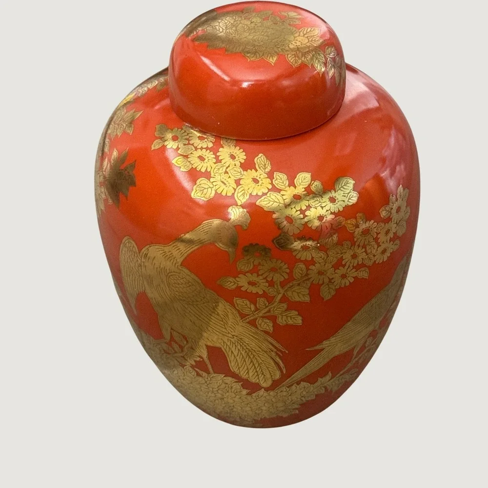 Vintage Andrea by Sadek Orange Gold Gilt Peacock Ginger Jar Chinoserie